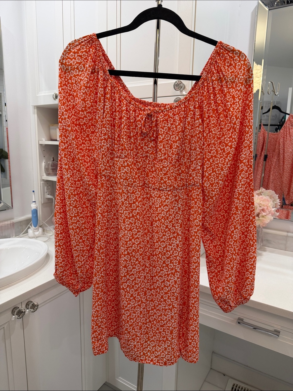 Faithfull the Brand Orange Floral Long-Sleeve Peasant Dress